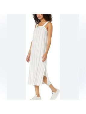 Madwell Linen-Cotton Princess-Seamed Midi Dress in Cream with Blue & Tan Stripes